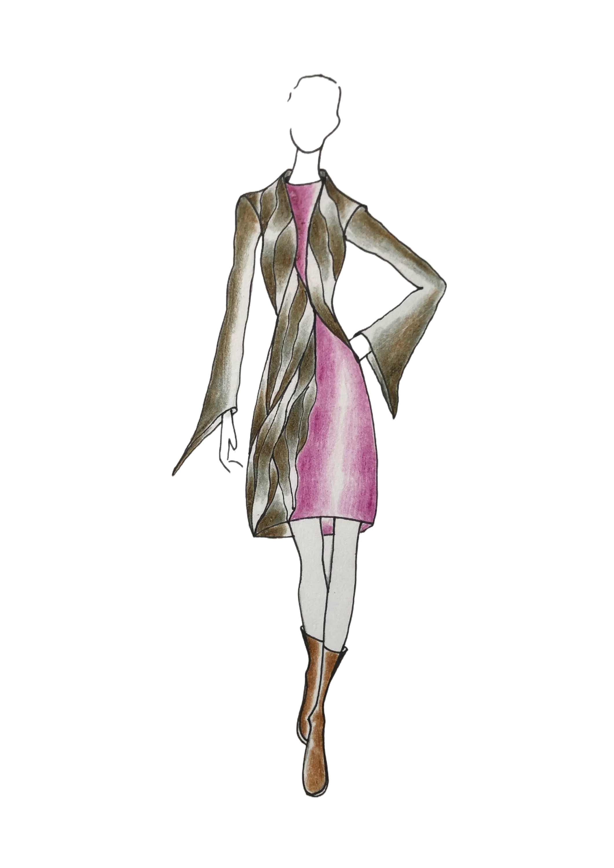 Dessin d'un manteau composé de plusieurs morceaux de tissu